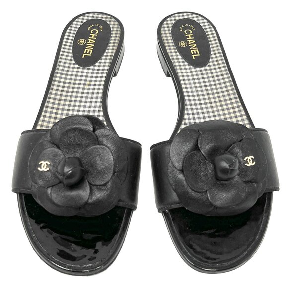 CHANEL Shoes - Chanel Black Leather Camellia Gold Logo Patent Leather Flat Sandals Slides